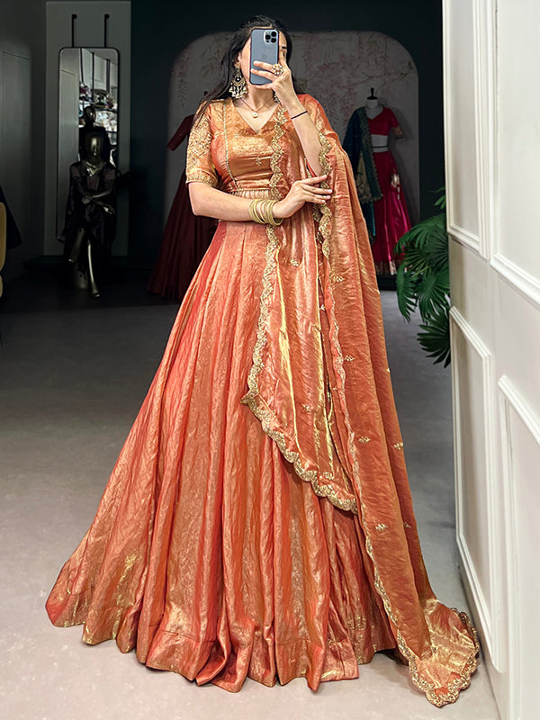 Rust Orange Sequins Thread Embroidery Work Lehenga Choli With Dupatta