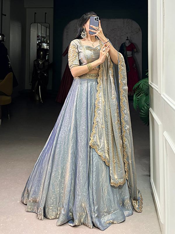 Sky Blue Sequins Thread Embroidery Work Lehenga Choli With Dupatta