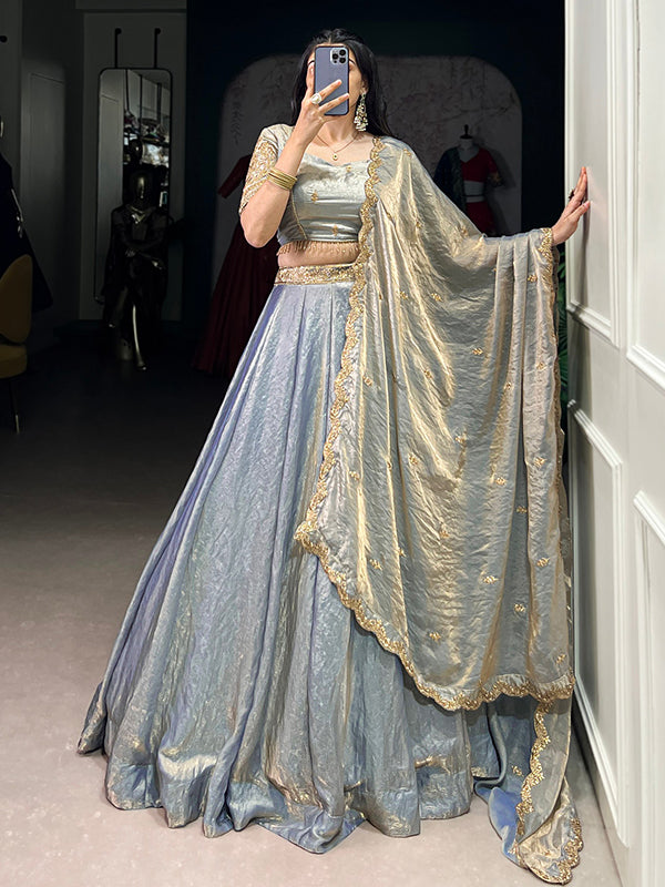 Sky Blue Sequins Thread Embroidery Work Lehenga Choli With Dupatta