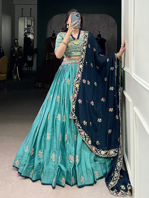 Sky Blue Sequins Embroidery Work Slab Silk Lehenga Choli With Dupatta