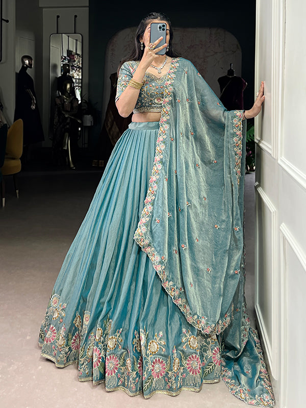 Pastel Blue Sequins Embroidery Work Lehenga Choli With Dupatta