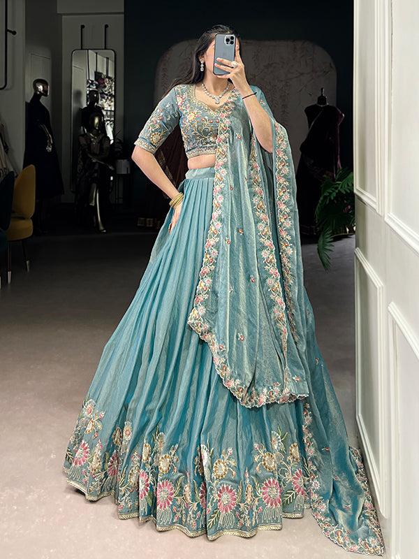 Pastel Blue Sequins Embroidery Work Lehenga Choli With Dupatta