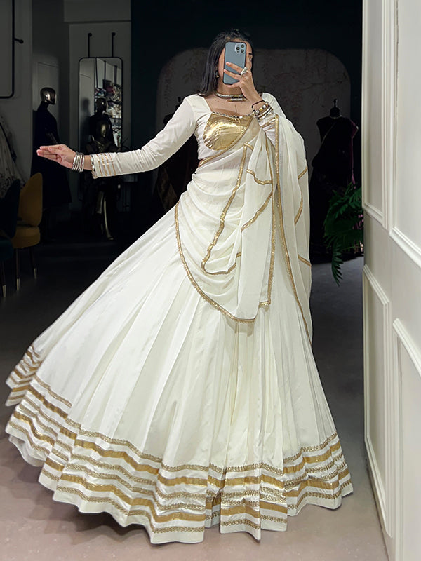 White Rayon Gotta Patti Lace Work Lehenga Choli With Dupatta