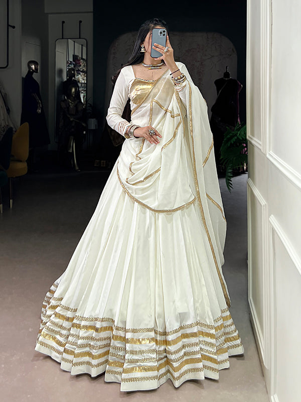 White Rayon Gotta Patti Lace Work Lehenga Choli With Dupatta