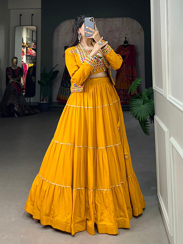 Mustard Yellow Pure Rayon Lehenga Choli With Gamthi Work Koti