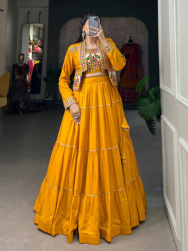 Mustard Yellow Pure Rayon Lehenga Choli With Gamthi Work Koti