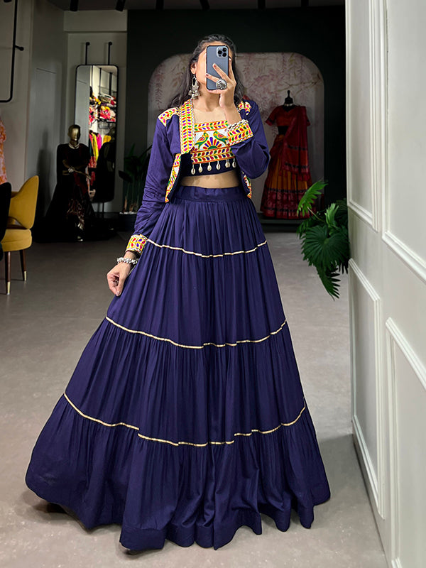 Navy Blue Pure Rayon Lehenga Choli With Gamthi Work Koti