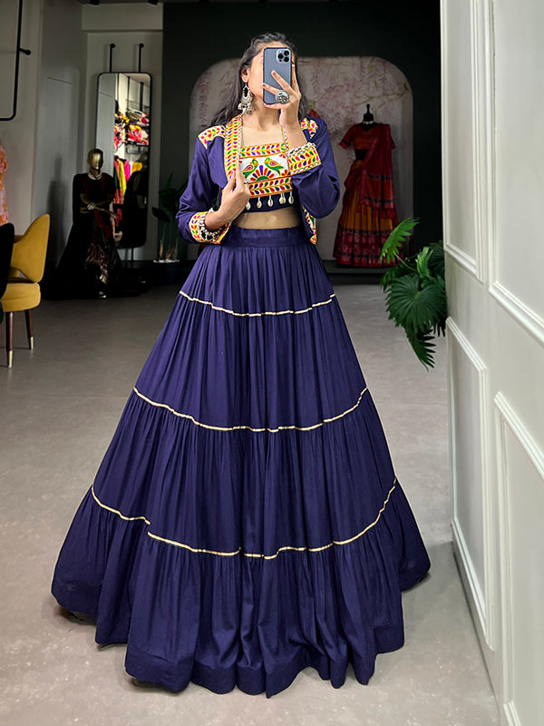 Navy Blue Pure Rayon Lehenga Choli With Gamthi Work Koti