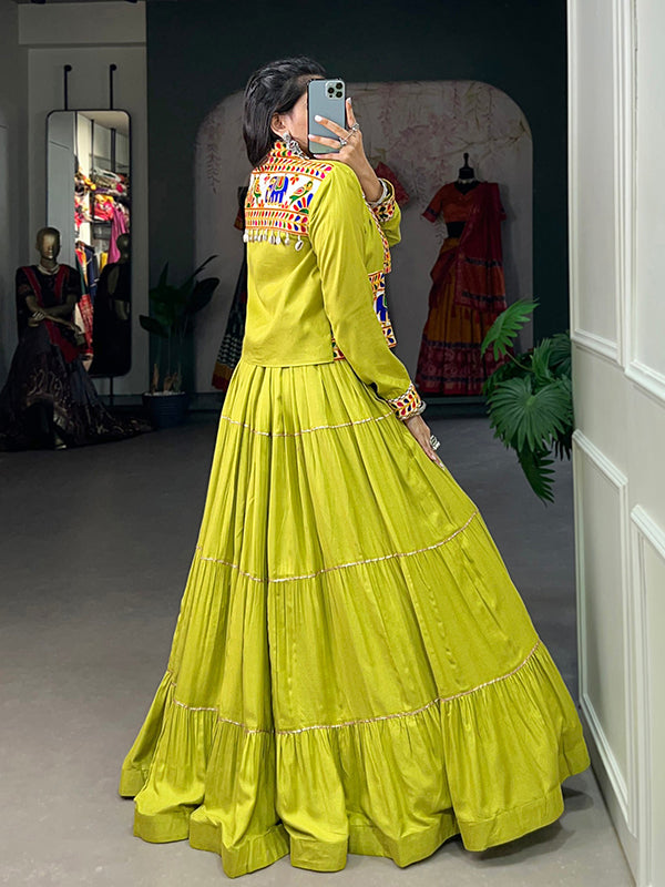 Parrot Green Pure Rayon Lehenga Choli With Gamthi Work Koti