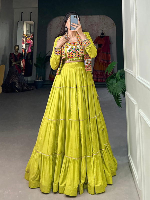 Parrot Green Pure Rayon Lehenga Choli With Gamthi Work Koti