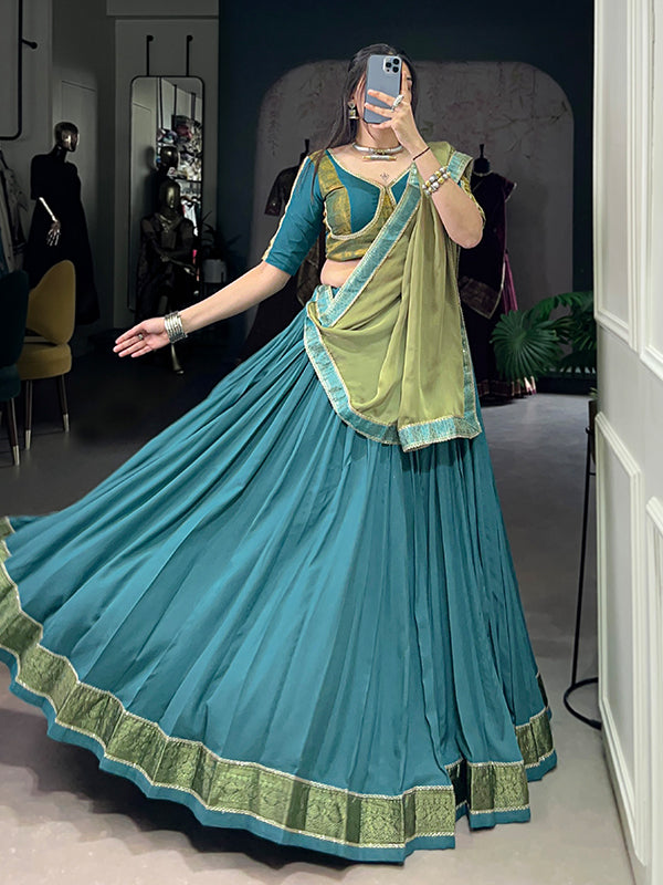 Teal Blue Zari Weaving Work Rayon Lehenga Choli With Dupatta