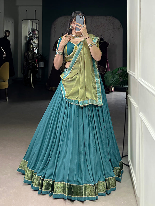 Teal Blue Zari Weaving Work Rayon Lehenga Choli With Dupatta