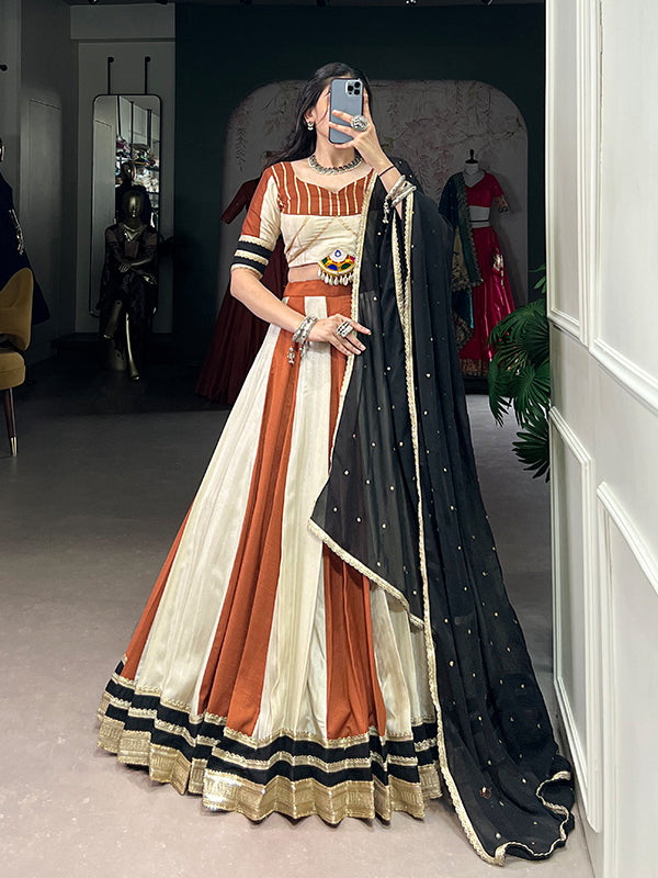Off-White Mirror Gamthi Work Chinon Lehenga Choli With Dupatta