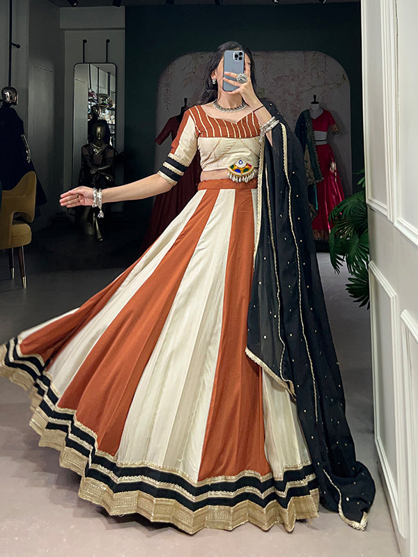 Off-White Mirror Gamthi Work Chinon Lehenga Choli With Dupatta