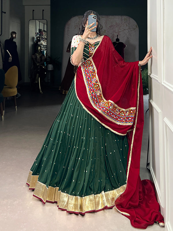 Dark Green Sequins Embroidery Work Chiffon Lehenga Choli With Dupatta