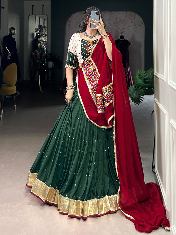 Dark Green Sequins Embroidery Work Chiffon Lehenga Choli With Dupatta