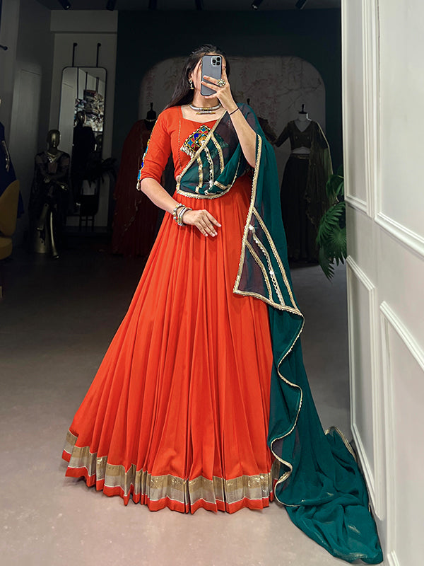 Orange Pure Rayon Gamthi Work Lehenga Choli With Dupatta