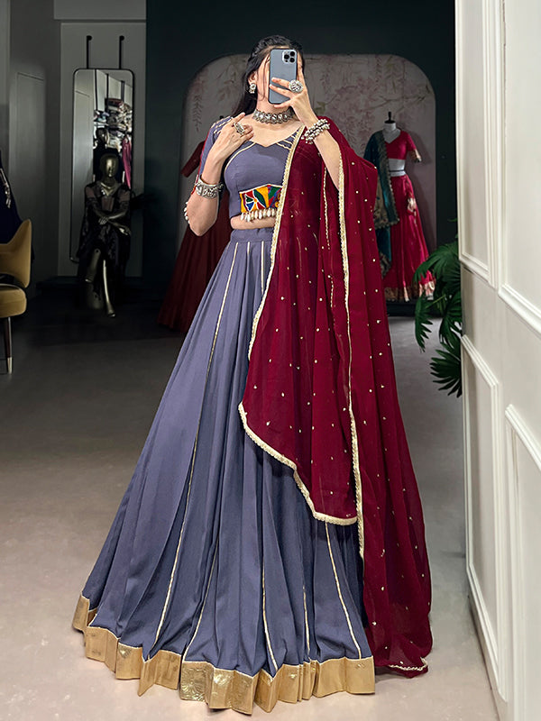 Light Purple Pure Rayon Gamthi Work Lehenga Choli With Georgette Dupatta