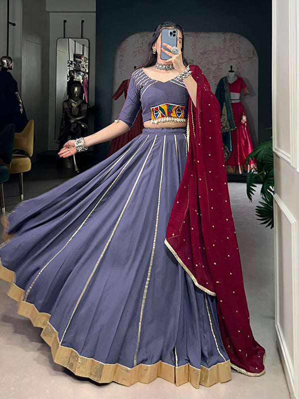 Light Purple Pure Rayon Gamthi Work Lehenga Choli With Georgette Dupatta