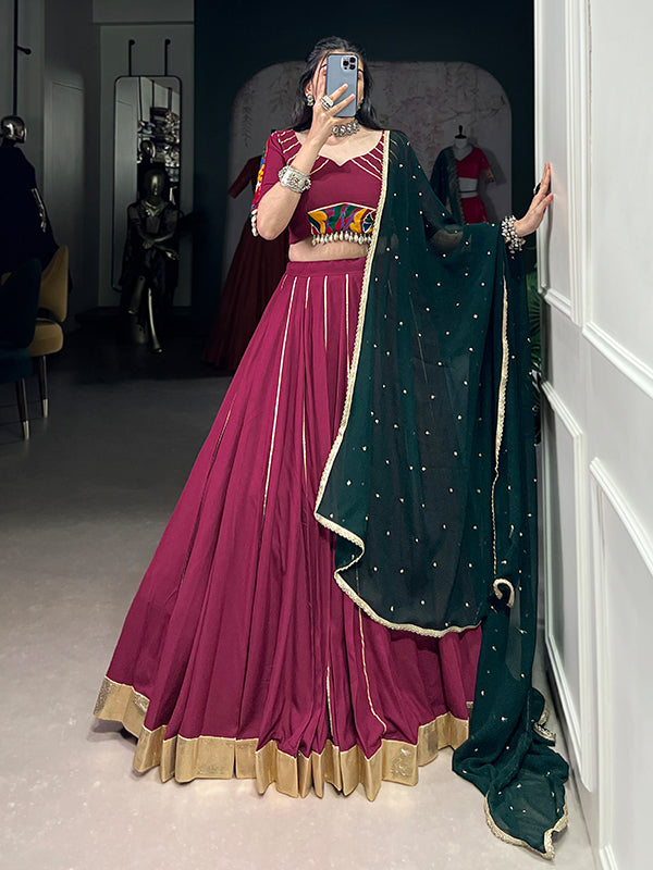 Maroon Pure Rayon Gamthi Work Lehenga Choli With Georgette Dupatta