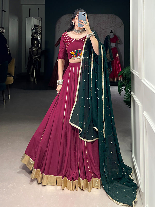 Maroon Pure Rayon Gamthi Work Lehenga Choli With Georgette Dupatta
