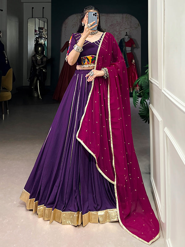 Purple Pure Rayon Gamthi Work Lehenga Choli With Georgette Dupatta