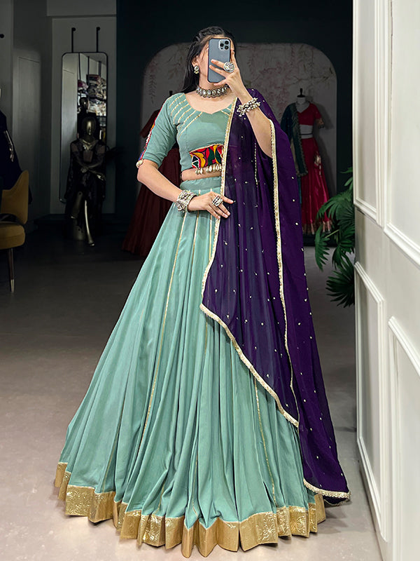 Sea Green Pure Rayon Gamthi Work Lehenga Choli With Georgette Dupatta