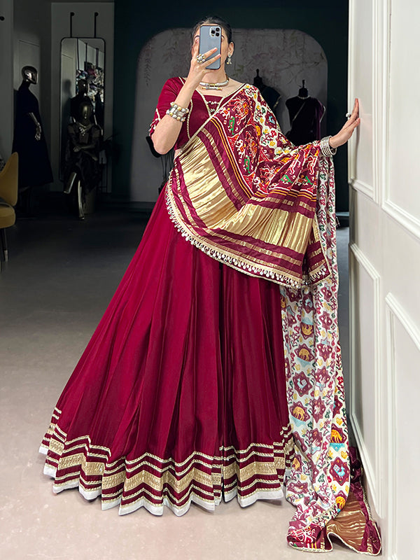 Maroon Silk Georgette Lehenga Choli With Gaji Silk White Dupatta