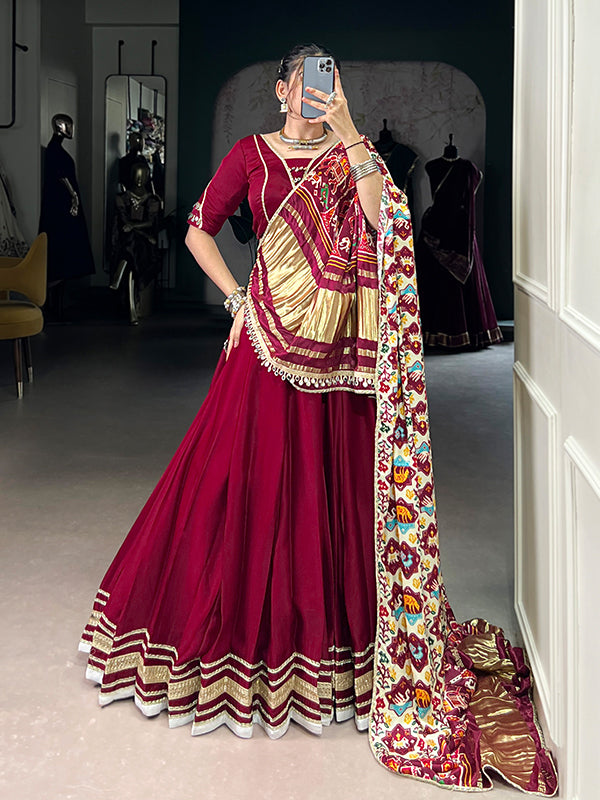 Maroon Silk Georgette Lehenga Choli With Gaji Silk White Dupatta
