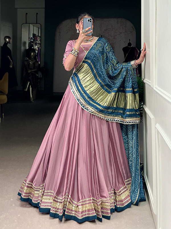 Onion Pink Silk Georgette Lehenga Choli With Gaji Silk Teal Blue Dupatta