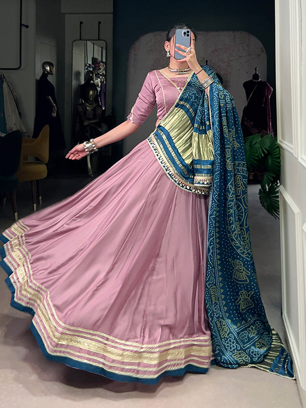 Onion Pink Silk Georgette Lehenga Choli With Gaji Silk Teal Blue Dupatta