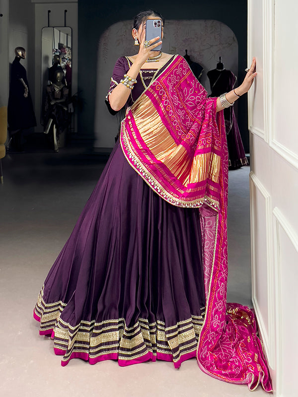 Purple Silk Georgette Lehenga Choli With Gaji Silk Pink Dupatta