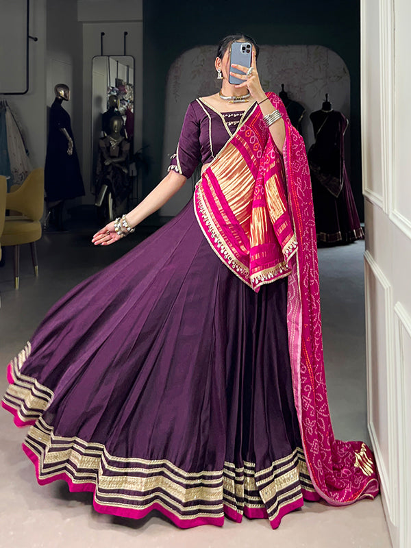 Purple Silk Georgette Lehenga Choli With Gaji Silk Pink Dupatta