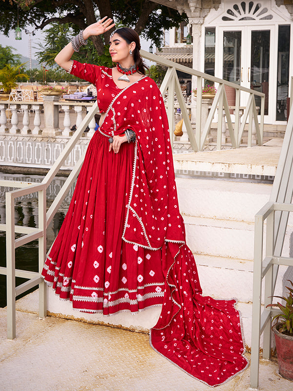 Red Bandhani Print Pure Chanderi Lehenga Choli With Dupatta