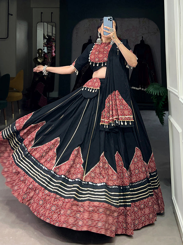 Black Printed Paper Mirror Work Cotton Lehenga Choli With Dupatta