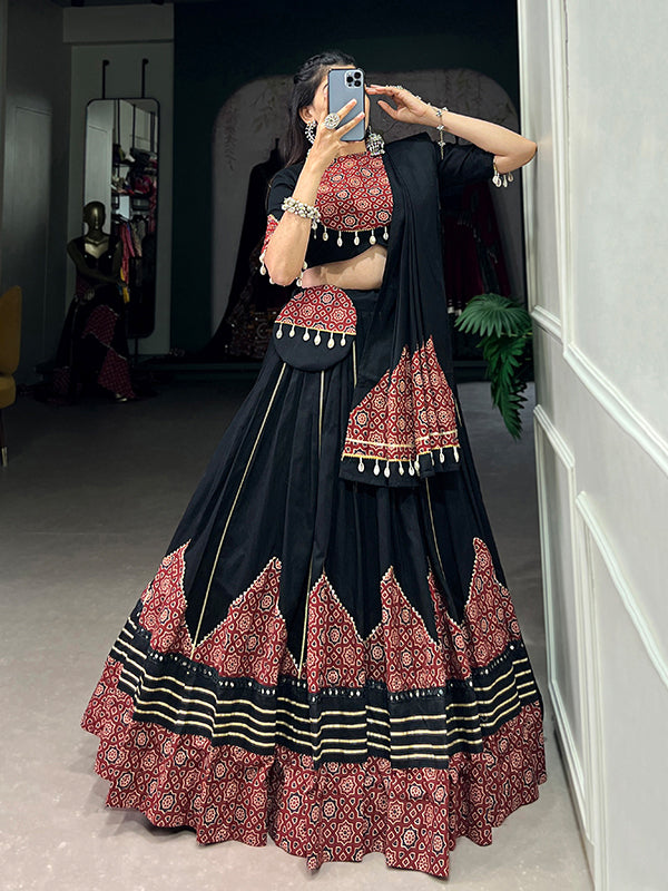 Black Printed Paper Mirror Work Cotton Lehenga Choli With Dupatta