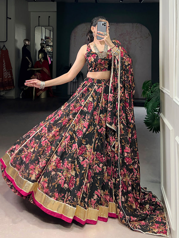 Black Floral Print Chiffon Lehenga Choli With Dupatta