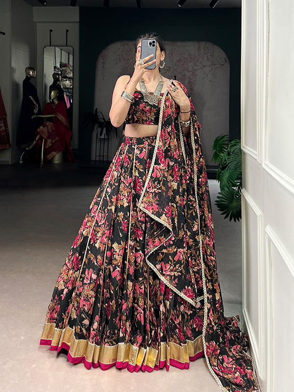 Black Floral Print Chiffon Lehenga Choli With Dupatta