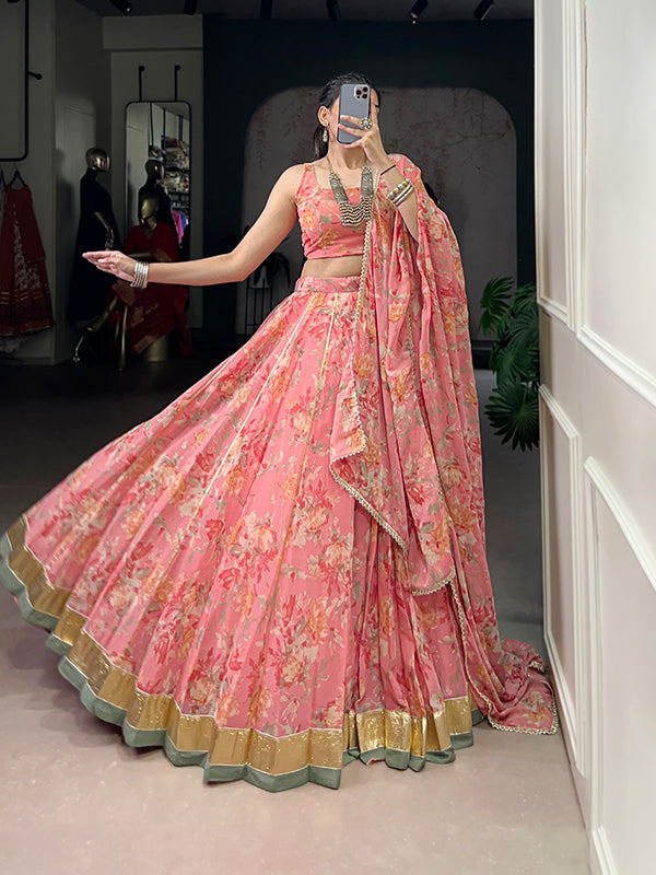 Peach Floral Print Chiffon Lehenga Choli With Dupatta