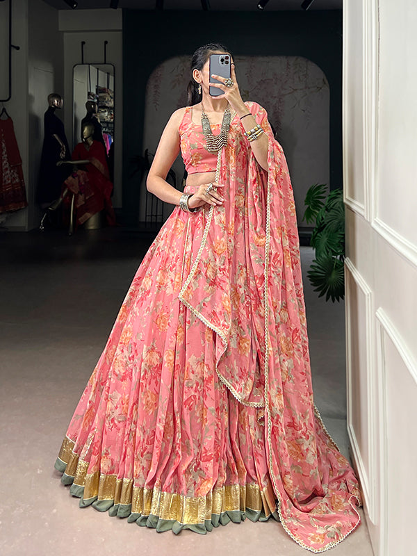 Peach Floral Print Chiffon Lehenga Choli With Dupatta