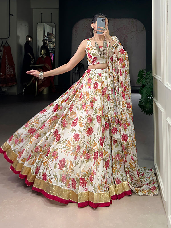 White Floral Print Chiffon Lehenga Choli With Dupatta