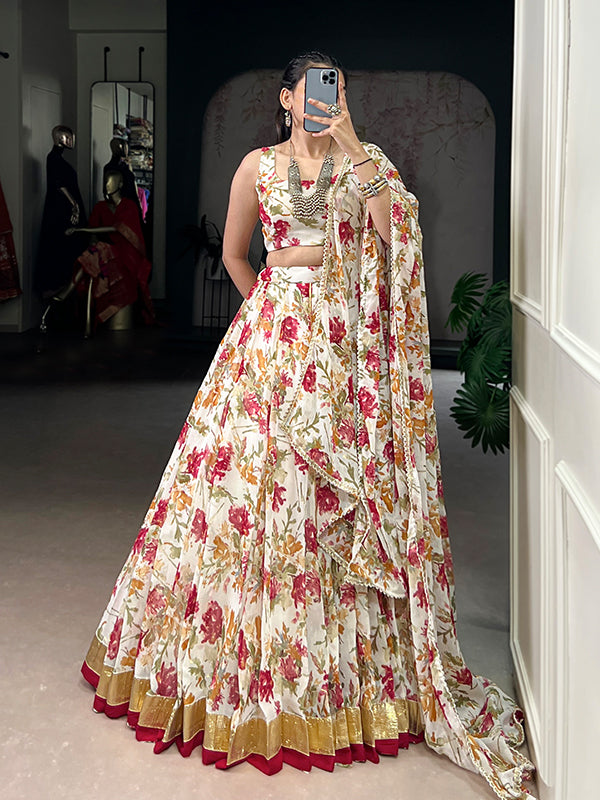 White Floral Print Chiffon Lehenga Choli With Dupatta