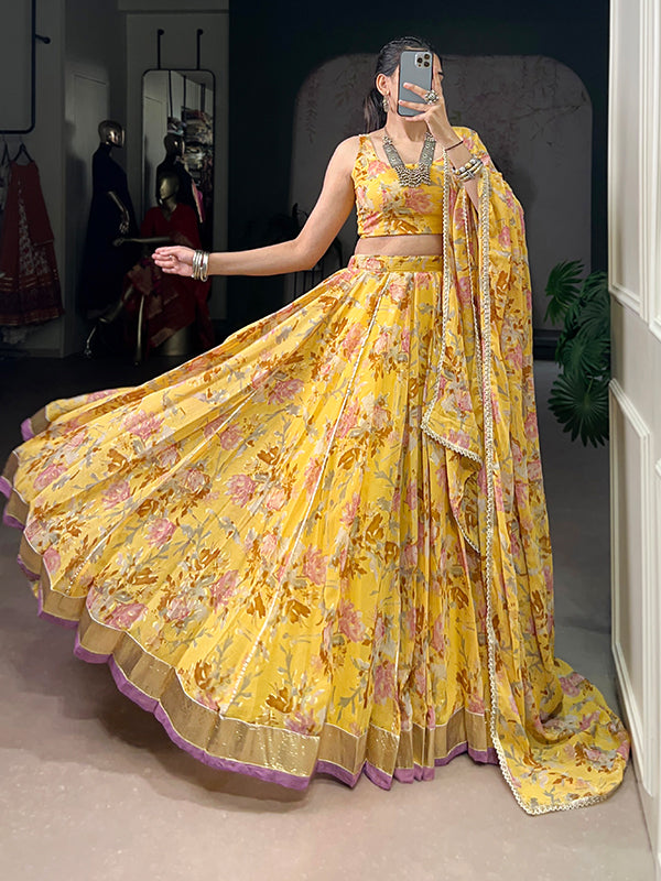 Yellow Floral Print Chiffon Lehenga Choli With Dupatta