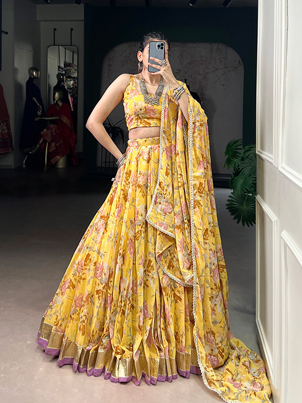 Yellow Floral Print Chiffon Lehenga Choli With Dupatta