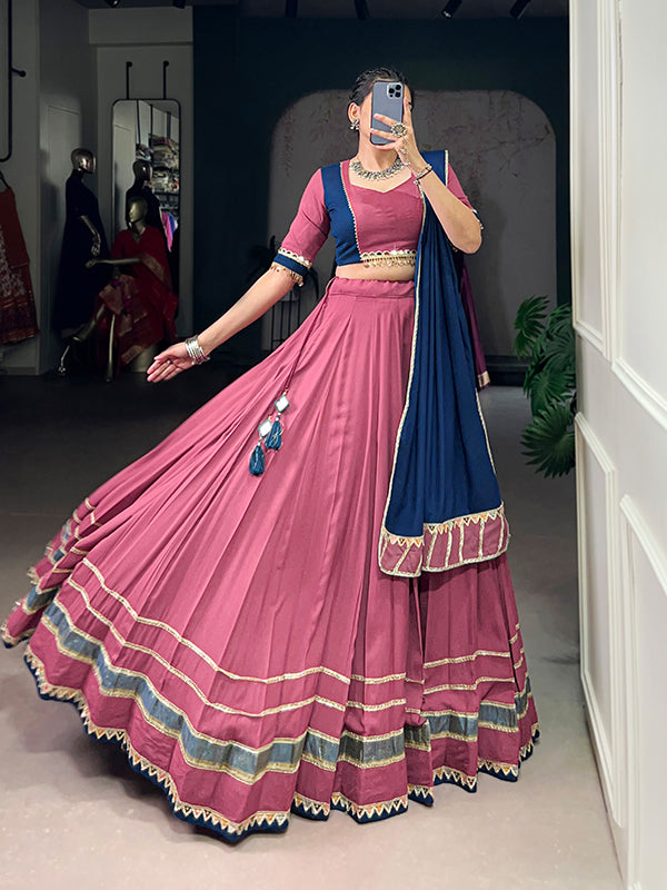 Deep Pink Pure Rayon Lace Touch Up Lehenga Choli With Navy Blue Dupatta