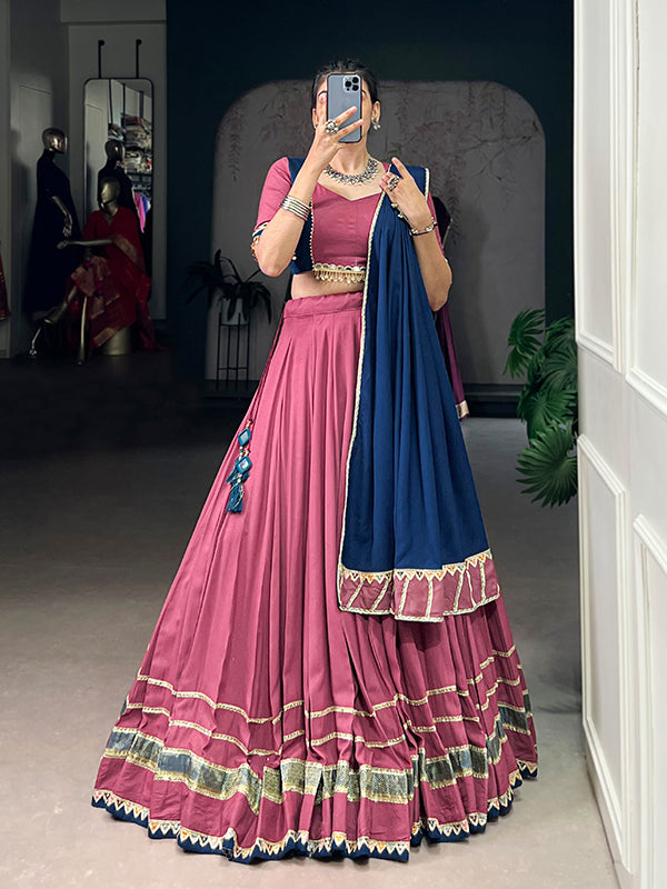 Deep Pink Pure Rayon Lace Touch Up Lehenga Choli With Navy Blue Dupatta