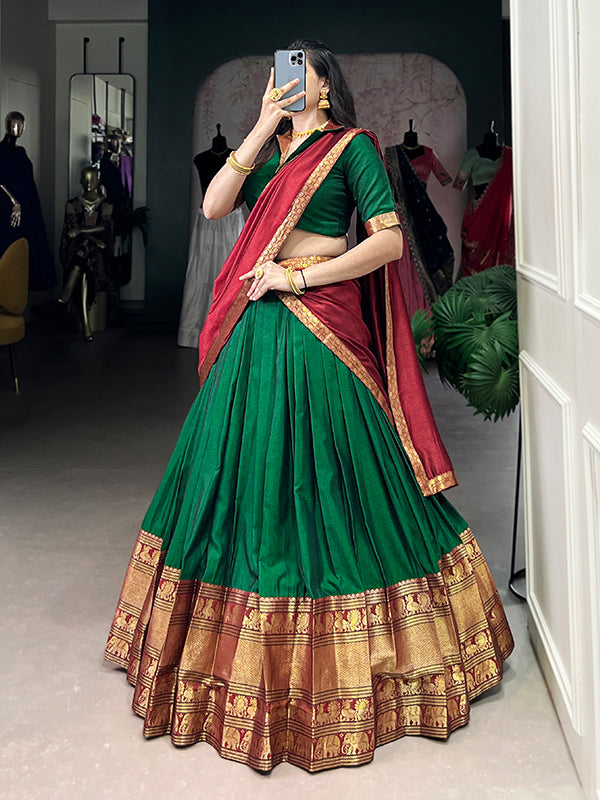 Green & Red Narayana Pet Silk Lehenga Choli With Dupatta