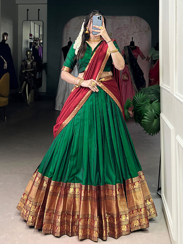 Green & Red Narayana Pet Silk Lehenga Choli With Dupatta