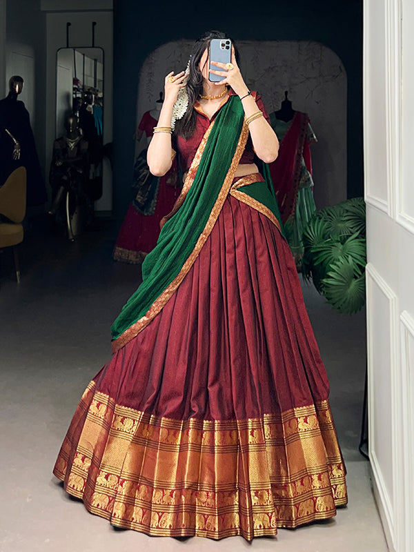 Maroon & Green Narayana Pet Silk Lehenga Choli With Dupatta