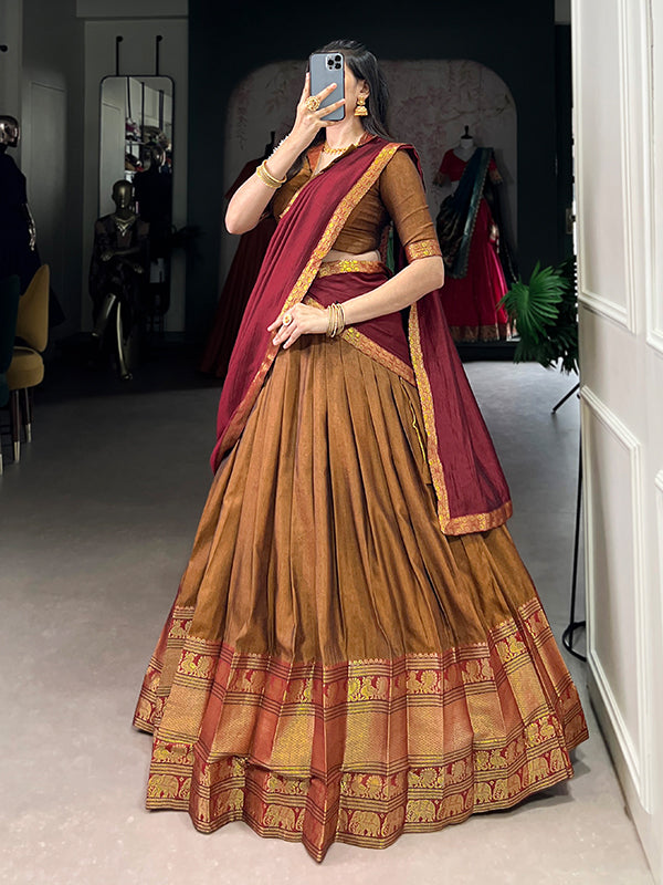 Mustard & Maroon Narayana Pet Silk Lehenga Choli With Dupatta
